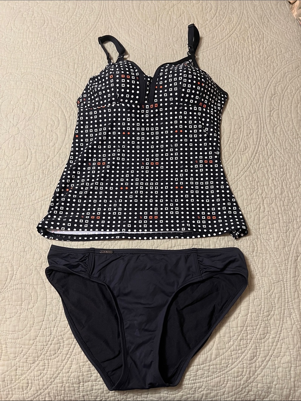Lole Black Polka Dot Tankini with Black Bottoms Coral Accents